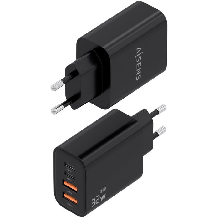 Aisens Cargador GaN 32W con 2xUSB-C y 2xUSB-A Negro